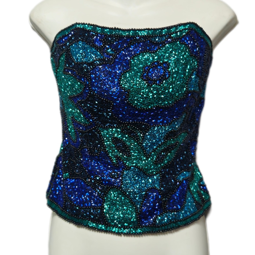 VINTAGE BLACK TIE OLEG CASSINI Womens Medium‎ Beaded Bustier Top Blue Green